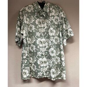 Go Barefoot Mens Button Up Short Sleeve Floral Hawaiian Shirt XL Green Cotton